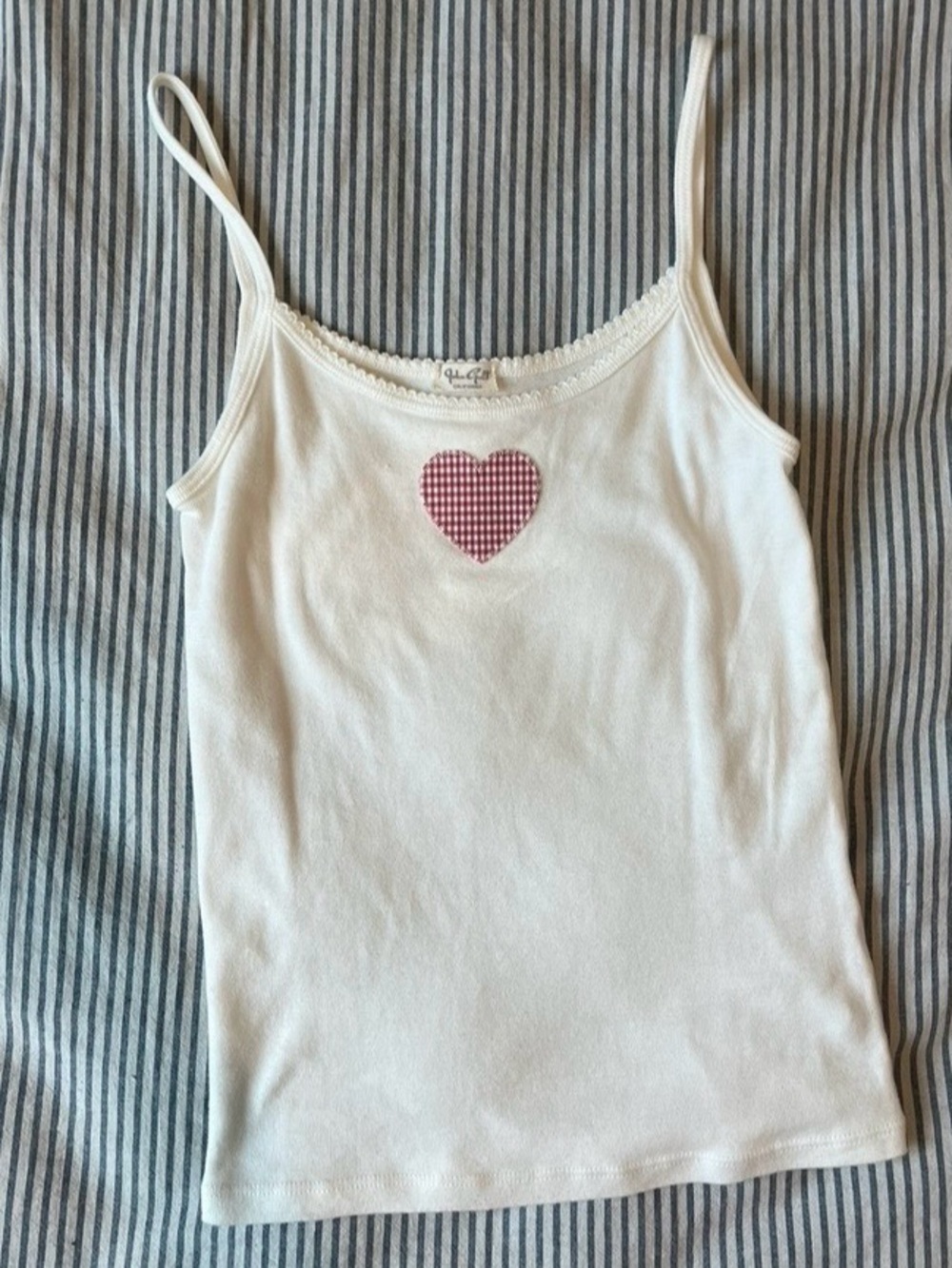 White Cotton Cami with Pink Gingham Heart